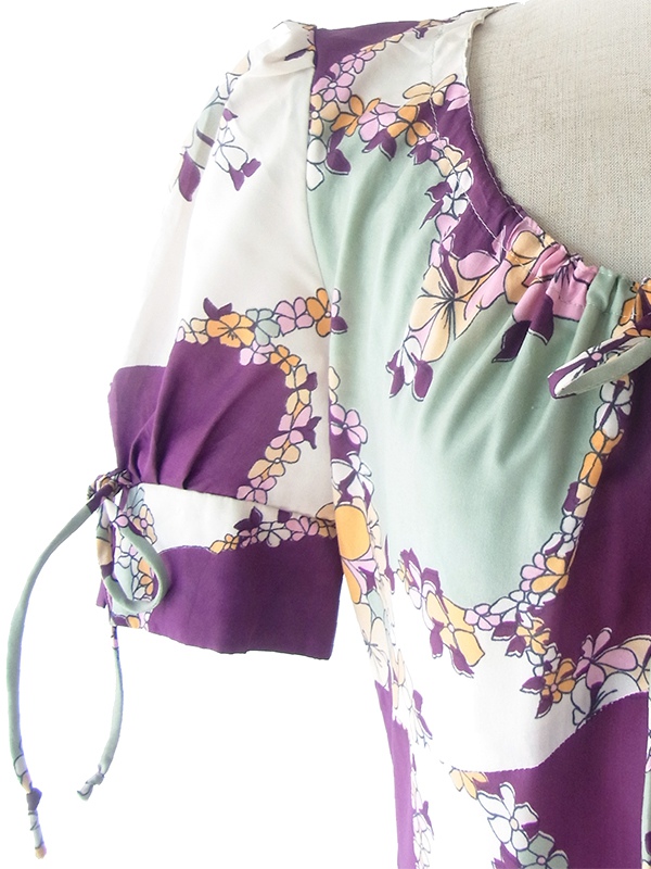 ヨーロッパ古着 ロンドン買い付け 70年代製 パープル X グレイ 花柄 パフスリーブ ワンピース 17OM312