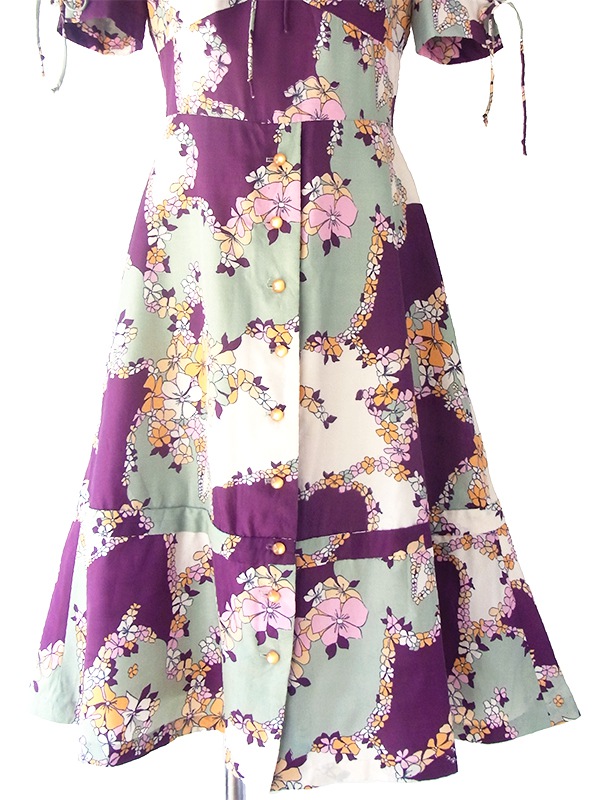 ヨーロッパ古着 ロンドン買い付け 70年代製 パープル X グレイ 花柄 パフスリーブ ワンピース 17OM312