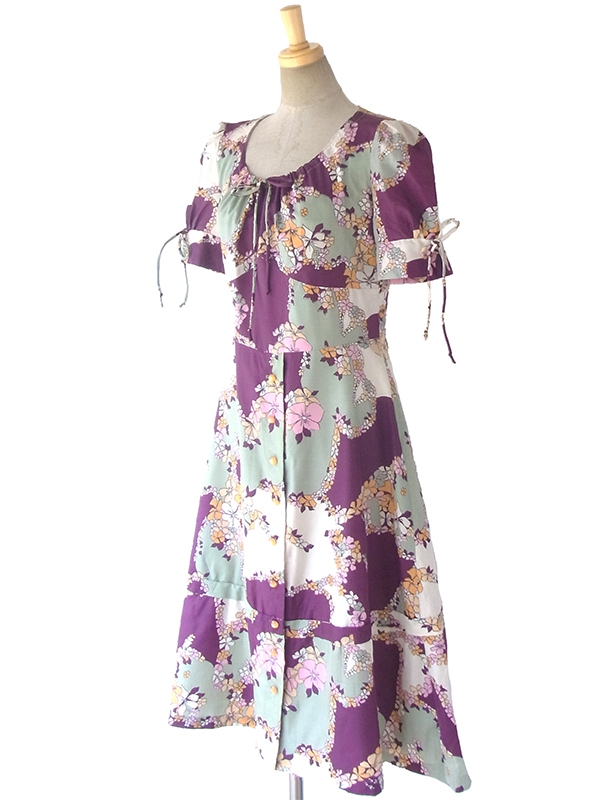 ヨーロッパ古着 ロンドン買い付け 70年代製 パープル X グレイ 花柄 パフスリーブ ワンピース 17OM312