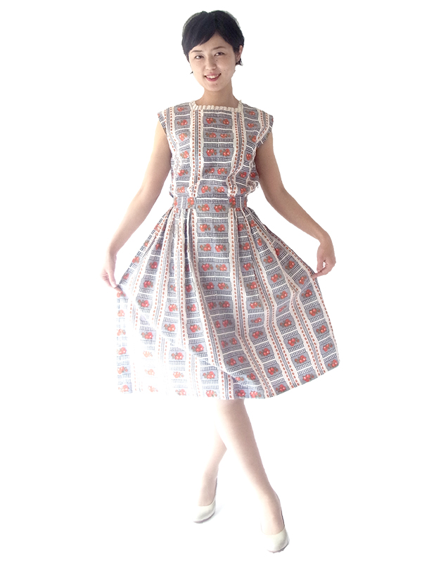 ロンドン買い付け 60年代製 ライトグレイ X フルーツ・花柄・チェック柄 ヴィンテージ ワンピース 17OM319