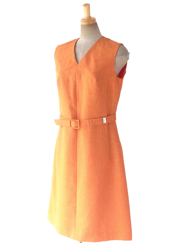 ヨーロッパ古着 ロンドン買い付け 60年代製 オレンジ X 共布ベルト付き デッドストック ヴィンテージ ワンピース 17OM416