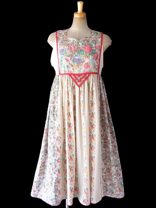 ヨーロッパ古着 ロンドン買い付け 60年代製 オフホワイト X 花柄・チェック柄 生地切り返し レッドテープ縁取り ワンピース 17OM433
