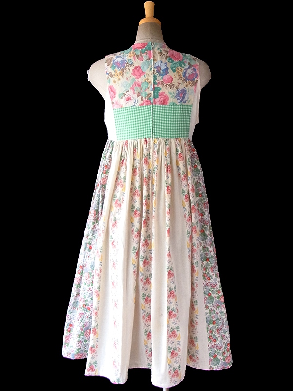 ヨーロッパ古着 ロンドン買い付け 60年代製 オフホワイト X 花柄・チェック柄 生地切り返し レッドテープ縁取り ワンピース 17OM433