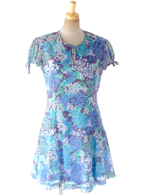 ヨーロッパ古着 ロンドン買い付け 60年代製 パープル X 水色 花柄 パフスリーブ フレア ワンピース 17OM637