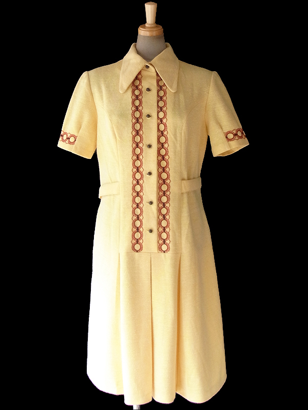 ヨーロッパ古着 ロンドン買い付け 60年代製 イエロ- X ブラウン レトロ柄刺繍 ウール ワンピース 17OM701