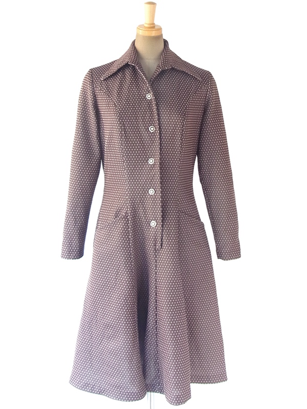 ヨーロッパ古着 ロンドン買い付け 70年代製 グレージュ X ホワイト ドット刺繍 ポケット付き ヴィンテージ ワンピース 17OM810