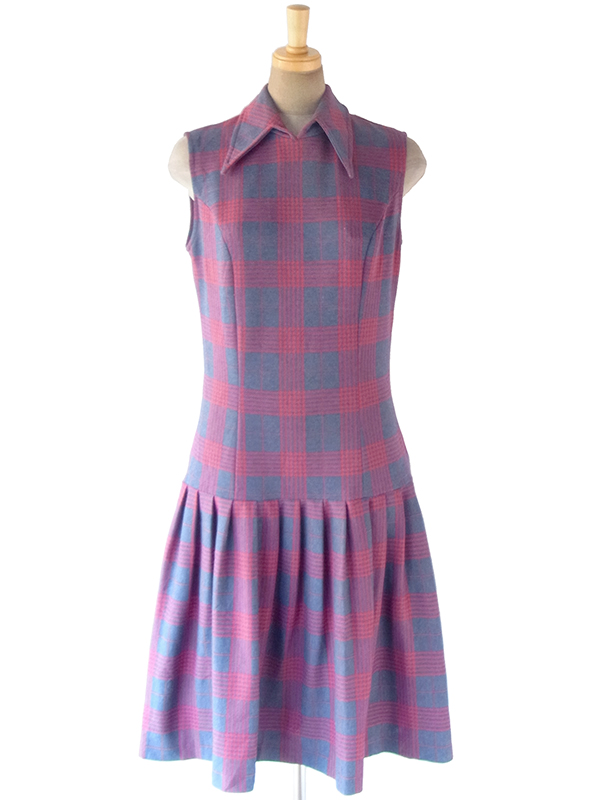 ヨーロッパ古着 ロンドン買い付け 60年代製 グレイ X レッド チェック柄 ドロップウェスト ワンピース 17OM900
