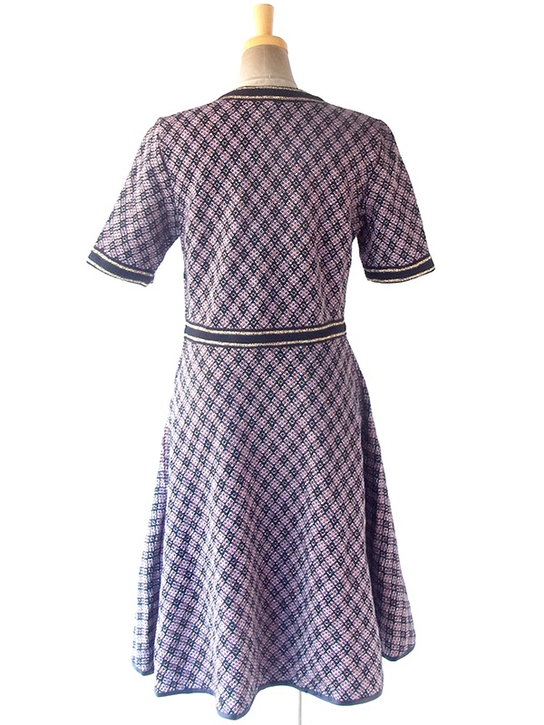 ヨーロッパ古着 ロンドン買い付け 70年代製 ブルー・オレンジ X ゴールドラメ糸 ジャガード織り ヴィンテージ ワンピース 17OM901