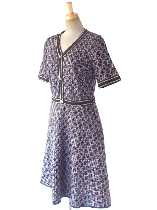 ヨーロッパ古着 ロンドン買い付け 70年代製 ブルー・オレンジ X ゴールドラメ糸 ジャガード織り ヴィンテージ ワンピース 17OM901