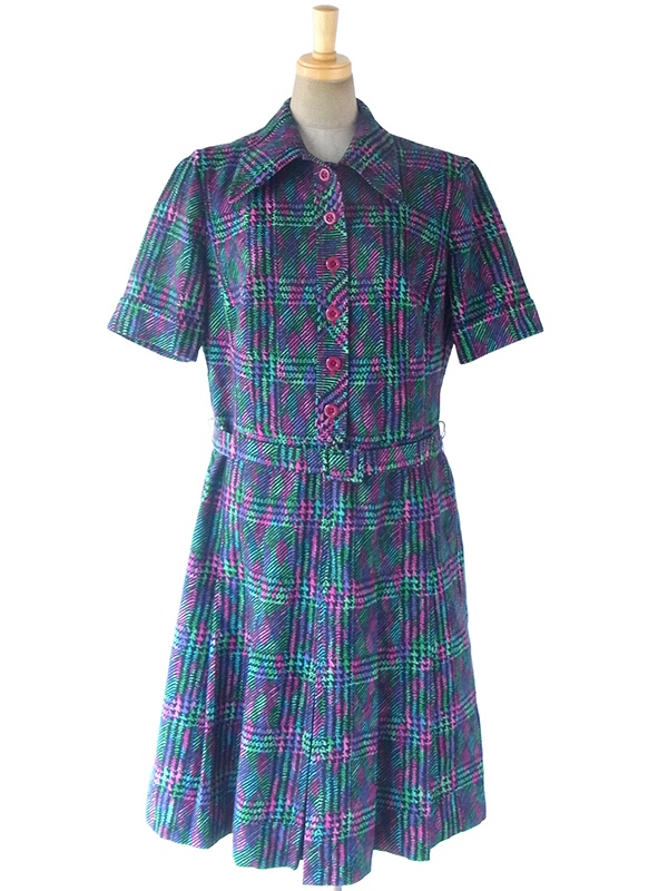 ヨーロッパ古着 ロンドン買い付け 70年代製 グリーン・ピンク・パープル X レトロ柄 共布ベルト付き ヴィンテージ ワンピース