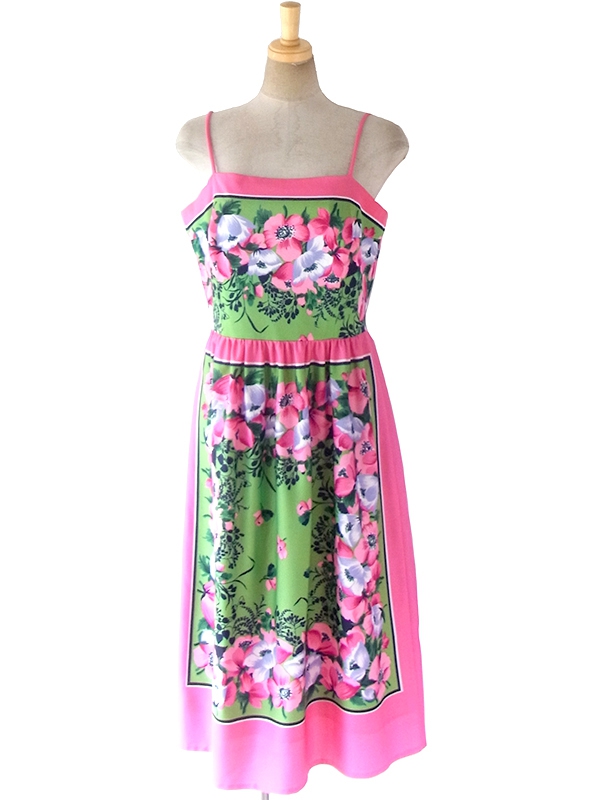 ヨーロッパ古着 ロンドン買い付け 70年代製 ピンク X グリーン 花柄 ヴィンテージ ストラップ ワンピース 18BS001