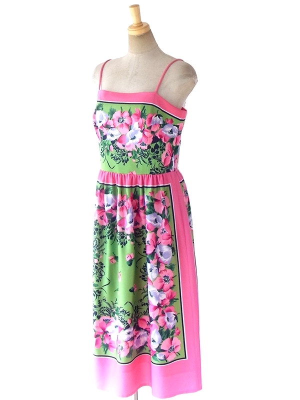 ヨーロッパ古着 ロンドン買い付け 70年代製 ピンク X グリーン 花柄 ヴィンテージ ストラップ ワンピース 18BS001
