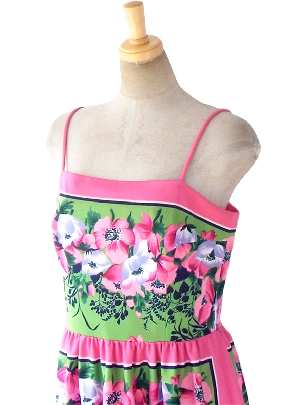 ヨーロッパ古着 ロンドン買い付け 70年代製 ピンク X グリーン 花柄 ヴィンテージ ストラップ ワンピース 18BS001
