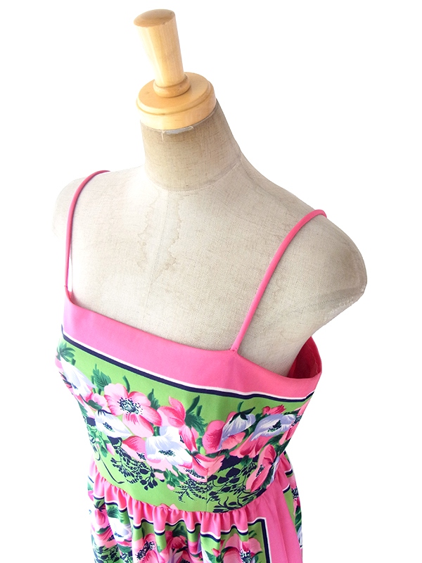 ヨーロッパ古着 ロンドン買い付け 70年代製 ピンク X グリーン 花柄 ヴィンテージ ストラップ ワンピース 18BS001