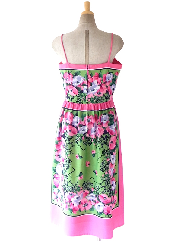 ヨーロッパ古着 ロンドン買い付け 70年代製 ピンク X グリーン 花柄 ヴィンテージ ストラップ ワンピース 18BS001