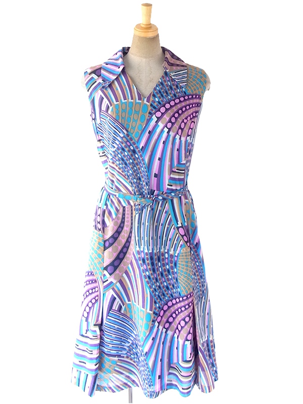 ヨーロッパ古着 ロンドン買い付け 60年代製 水色/パープル X レトロプリント 共布ベルト付き ワンピース 18BS003