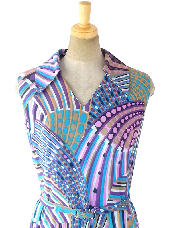 ヨーロッパ古着 ロンドン買い付け 60年代製 水色/パープル X レトロプリント 共布ベルト付き ワンピース 18BS003