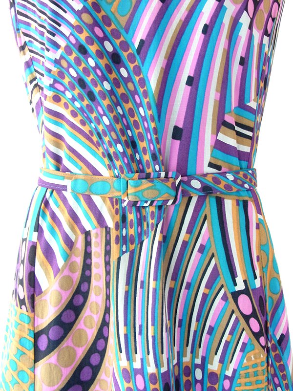 ヨーロッパ古着 ロンドン買い付け 60年代製 水色/パープル X レトロプリント 共布ベルト付き ワンピース 18BS003