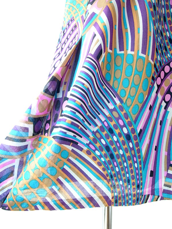 ヨーロッパ古着 ロンドン買い付け 60年代製 水色/パープル X レトロプリント 共布ベルト付き ワンピース 18BS003