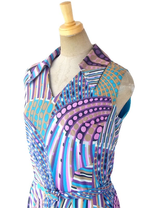 ヨーロッパ古着 ロンドン買い付け 60年代製 水色/パープル X レトロプリント 共布ベルト付き ワンピース 18BS003