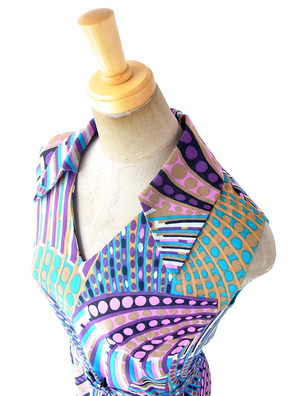 ヨーロッパ古着 ロンドン買い付け 60年代製 水色/パープル X レトロプリント 共布ベルト付き ワンピース 18BS003