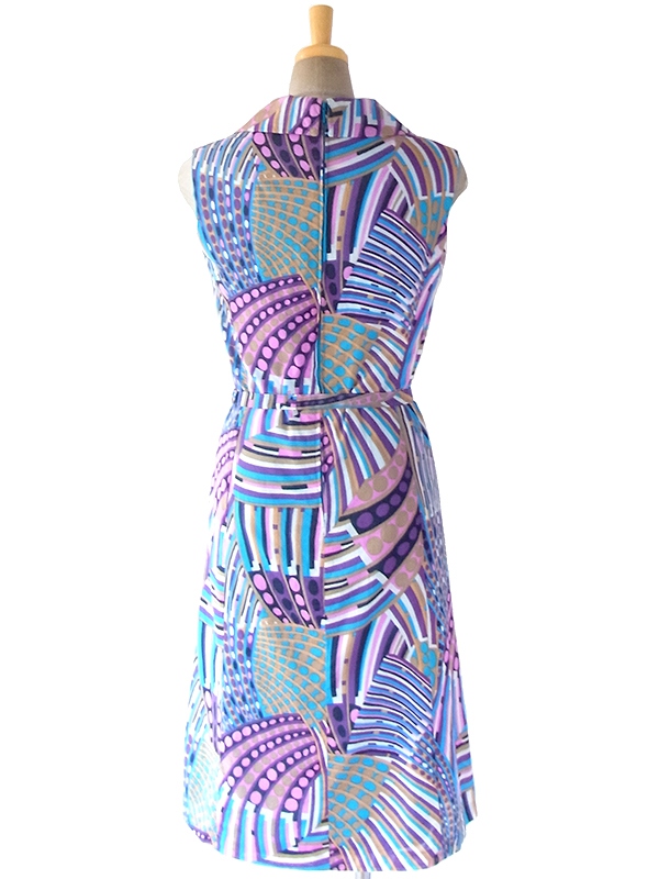 ヨーロッパ古着 ロンドン買い付け 60年代製 水色/パープル X レトロプリント 共布ベルト付き ワンピース 18BS003