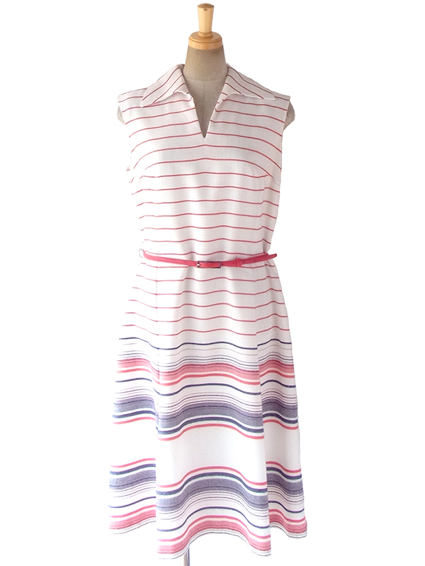 ヨーロッパ古着 ロンドン買い付け 60年代製 ホワイト X トリコロール ボーダー刺繍 ベルト付き ヴィンテージ ワンピース 18BS005