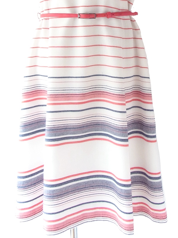 ヨーロッパ古着 ロンドン買い付け 60年代製 ホワイト X トリコロール ボーダー刺繍 ベルト付き ヴィンテージ ワンピース 18BS005