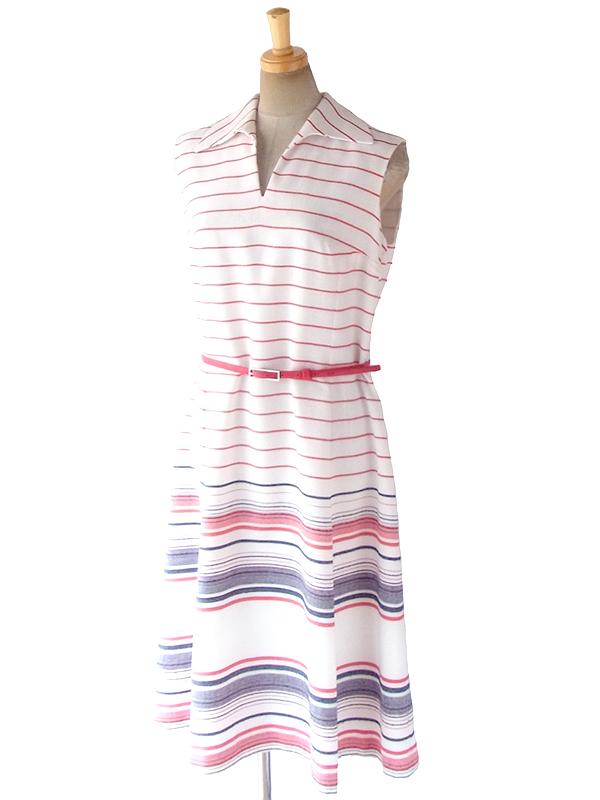 ヨーロッパ古着 ロンドン買い付け 60年代製 ホワイト X トリコロール ボーダー刺繍 ベルト付き ヴィンテージ ワンピース 18BS005