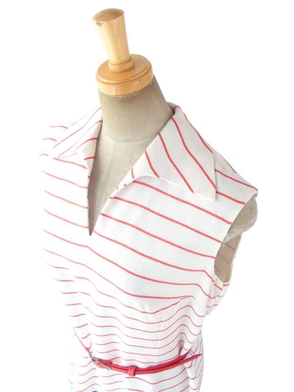 ヨーロッパ古着 ロンドン買い付け 60年代製 ホワイト X トリコロール ボーダー刺繍 ベルト付き ヴィンテージ ワンピース 18BS005