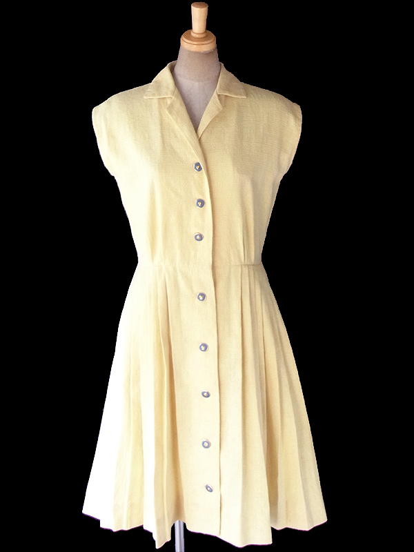 ヨーロッパ古着 ロンドン買い付け 60年代製 レモン色 X ブルーボタン プリーツ ワンピース 18BS023