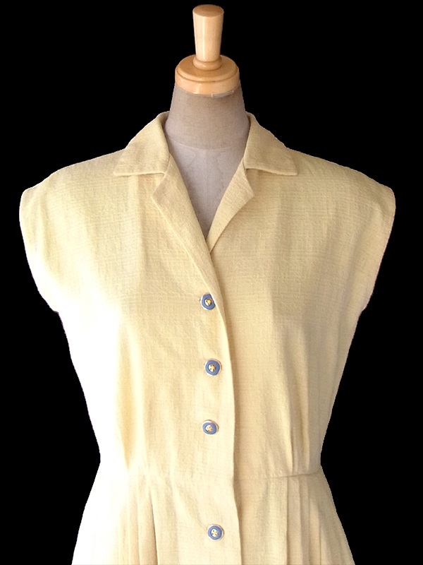 ヨーロッパ古着 ロンドン買い付け 60年代製 レモン色 X ブルーボタン プリーツ ワンピース 18BS023