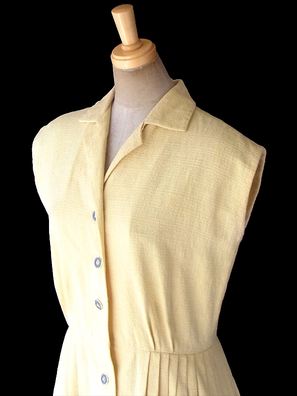 ヨーロッパ古着 ロンドン買い付け 60年代製 レモン色 X ブルーボタン プリーツ ワンピース 18BS023