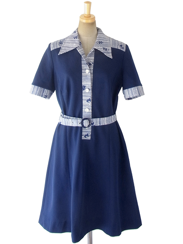 ヨーロッパ古着 ロンドン買い付け 70年代製 ネイビー X ホワイト 花柄・ボーダー 共布ベルト付き ヴィンテージ ワンピース 18BS104
