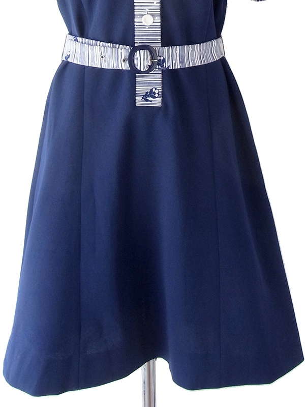 ヨーロッパ古着 ロンドン買い付け 70年代製 ネイビー X ホワイト 花柄・ボーダー 共布ベルト付き ヴィンテージ ワンピース 18BS104