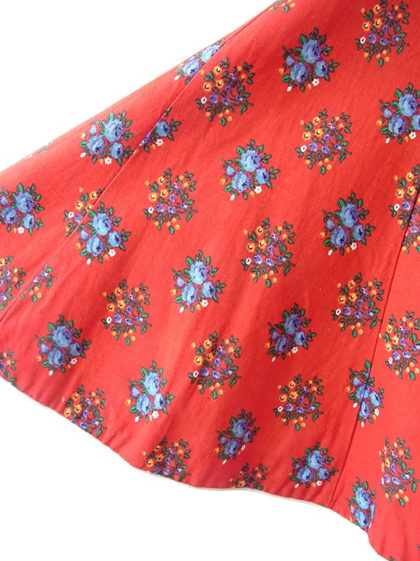 ヨーロッパ古着 ロンドン買い付け 60年代製 レッド X カラフル花柄 裾元ホワイト縁取り フレア スカート 18BS135