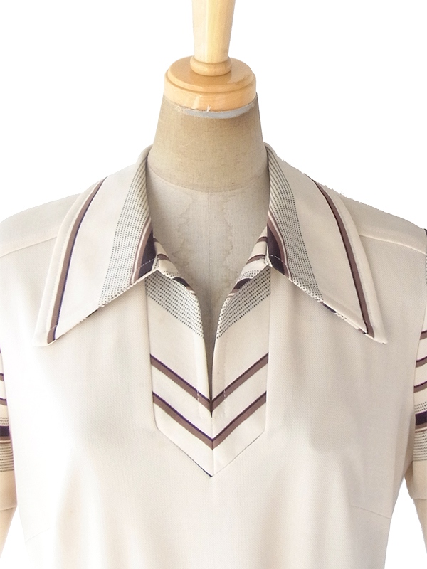 ヨーロッパ古着 ロンドン買い付け 70年代製 アイボリー X ブラウン・ブラック バイアス柄 共布ベルト付き ワンピース 18BS206