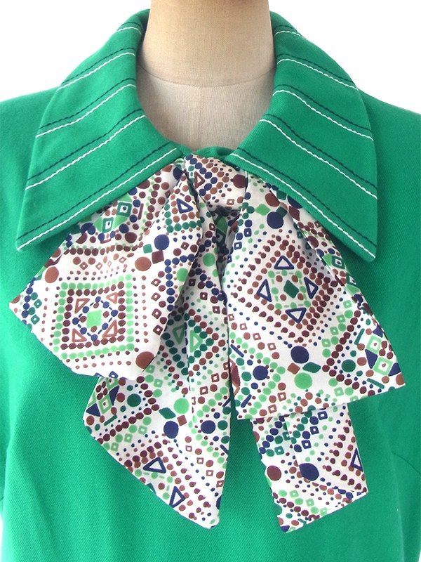 ヨーロッパ古着 ロンドン買い付け 60年代製 グリーン X スカーフタイ ステッチデザイン ウール ワンピース 18BS213