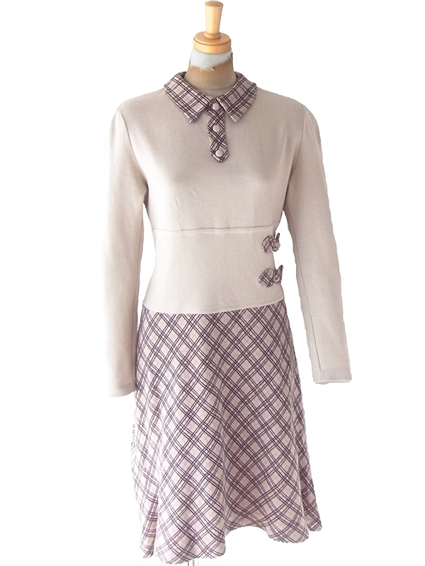 【送料無料】60年代イタリア製 サンドベージュ X チェック柄 切り返し ベルト飾り ヴィンテージ ワンピース 18BS312【ヨーロッパ古着】