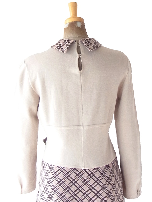 【送料無料】60年代イタリア製 サンドベージュ X チェック柄 切り返し ベルト飾り ヴィンテージ ワンピース 18BS312【ヨーロッパ古着】