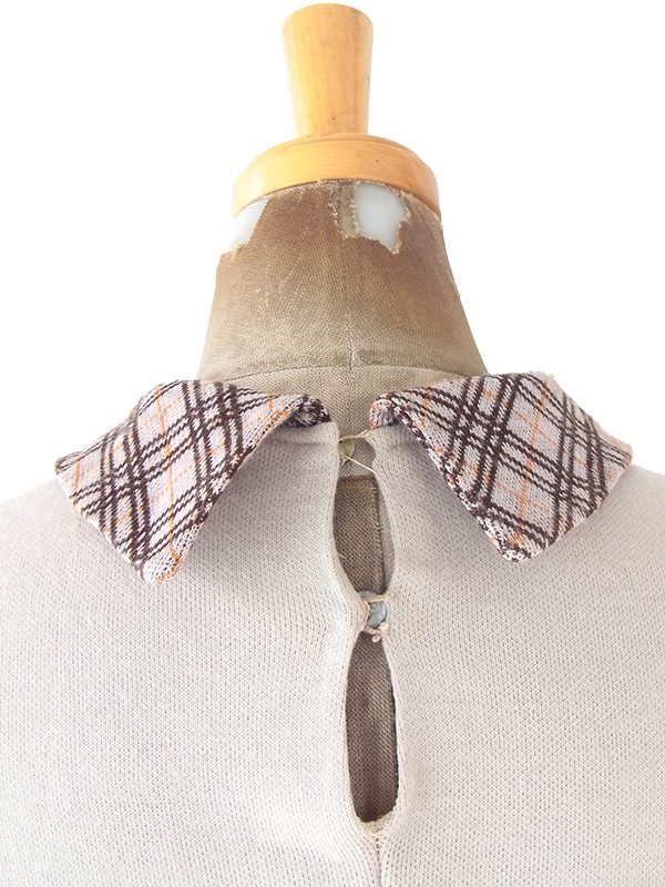 【送料無料】60年代イタリア製 サンドベージュ X チェック柄 切り返し ベルト飾り ヴィンテージ ワンピース 18BS312【ヨーロッパ古着】