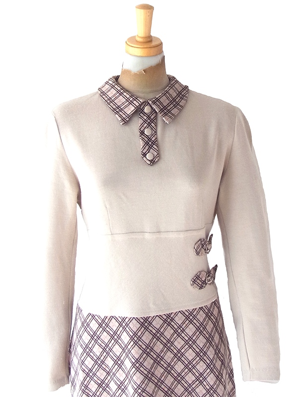 【送料無料】60年代イタリア製 サンドベージュ X チェック柄 切り返し ベルト飾り ヴィンテージ ワンピース 18BS312【ヨーロッパ古着】