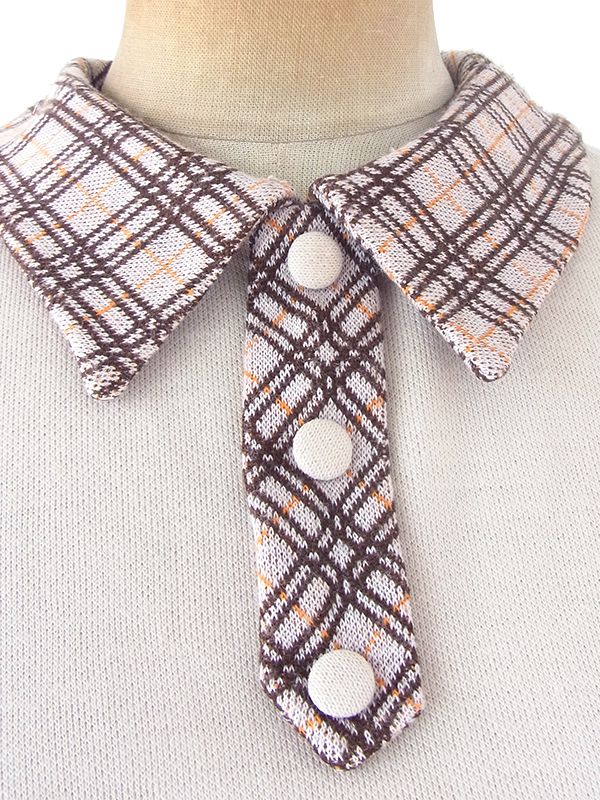 【送料無料】60年代イタリア製 サンドベージュ X チェック柄 切り返し ベルト飾り ヴィンテージ ワンピース 18BS312【ヨーロッパ古着】