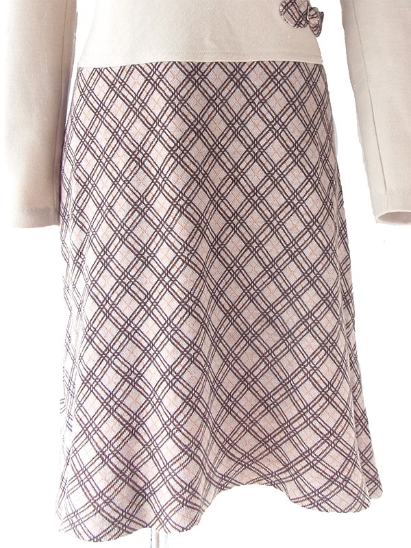 【送料無料】60年代イタリア製 サンドベージュ X チェック柄 切り返し ベルト飾り ヴィンテージ ワンピース 18BS312【ヨーロッパ古着】