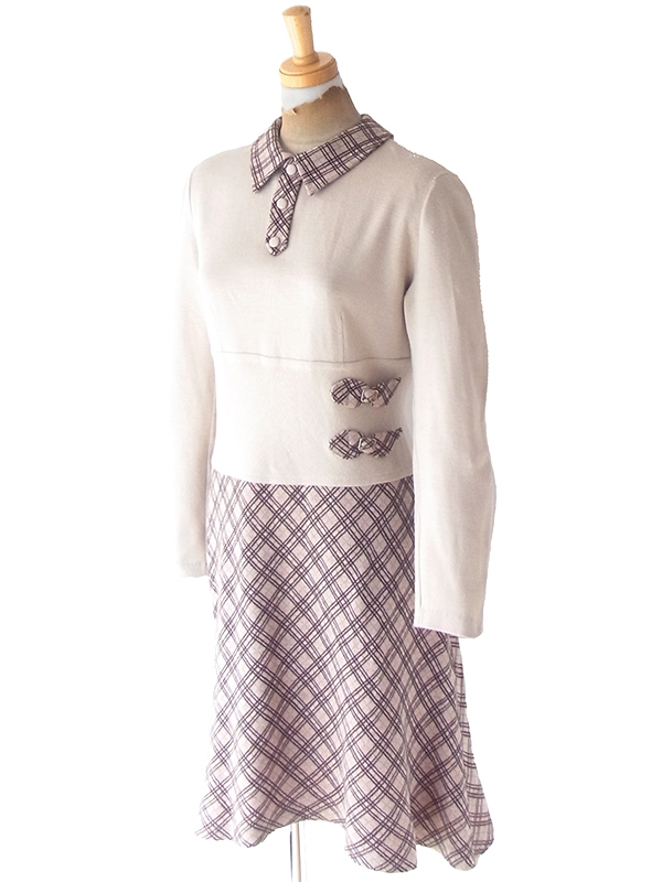 【送料無料】60年代イタリア製 サンドベージュ X チェック柄 切り返し ベルト飾り ヴィンテージ ワンピース 18BS312【ヨーロッパ古着】