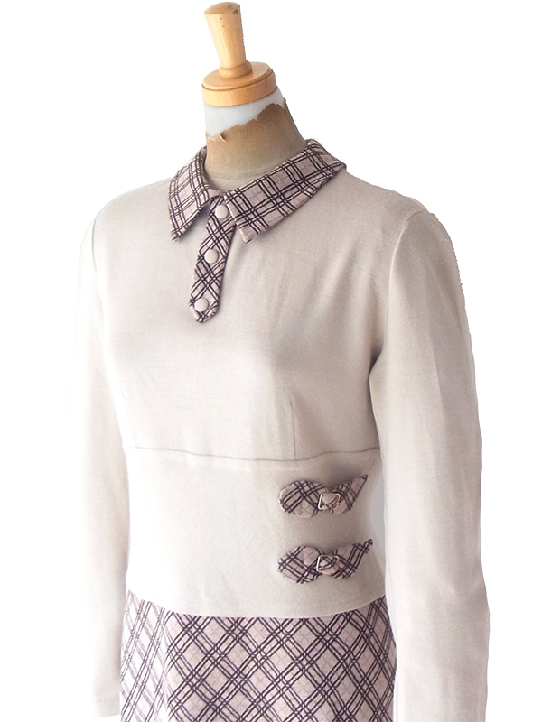 【送料無料】60年代イタリア製 サンドベージュ X チェック柄 切り返し ベルト飾り ヴィンテージ ワンピース 18BS312【ヨーロッパ古着】