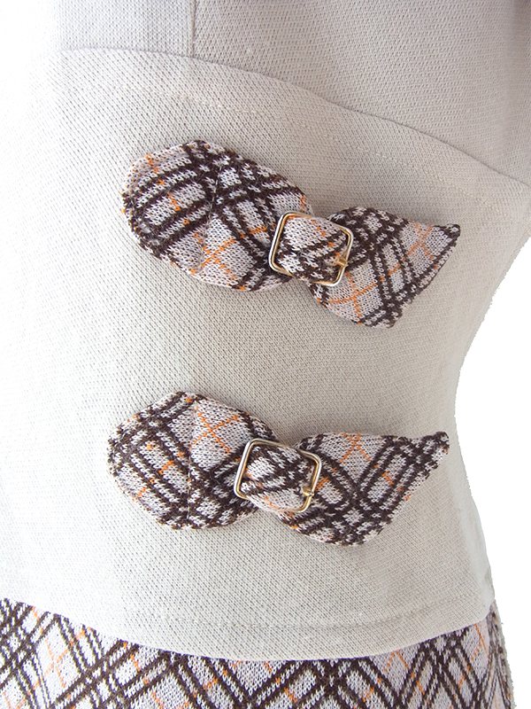 【送料無料】60年代イタリア製 サンドベージュ X チェック柄 切り返し ベルト飾り ヴィンテージ ワンピース 18BS312【ヨーロッパ古着】