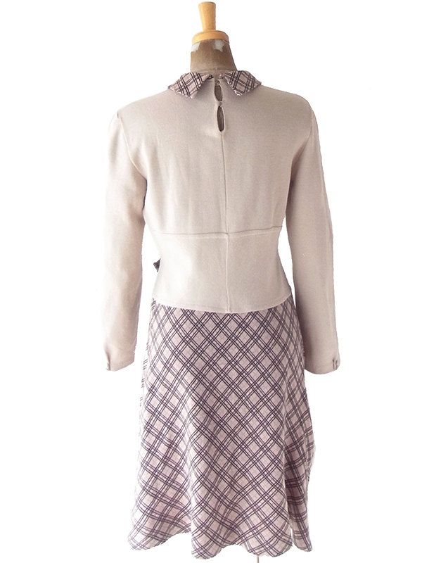 【送料無料】60年代イタリア製 サンドベージュ X チェック柄 切り返し ベルト飾り ヴィンテージ ワンピース 18BS312【ヨーロッパ古着】