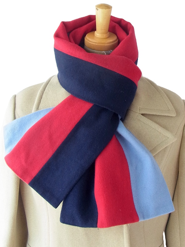 【ヨーロッパ古着】ロンドン買い付け ネイビー レッド 水色 ストライプ ウール スクール マフラー 18BS314【おとなかわいい】