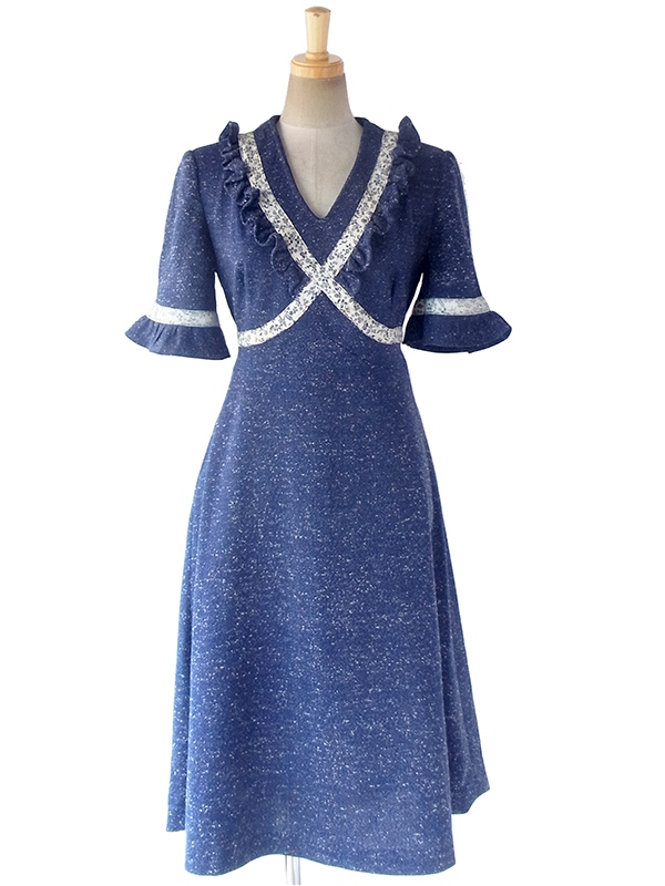 ヨーロッパ古着 フランス買い付け 70年代製 ネイビー X ホワイト 霜降 花柄リボン ギャザーデザイン ワンピース 18FC004
